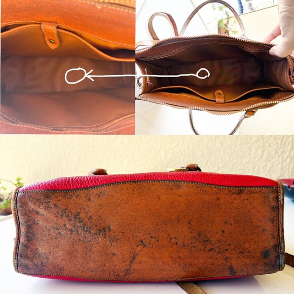 Dooney & Bourke Bag AWL Red & Tan Leather Shoulder Satchel Vintage DAMAGED - Picture 7 of 11
